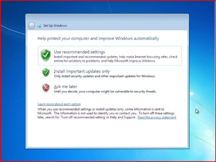 Windows 7 Setup Screen, Set Windows Update